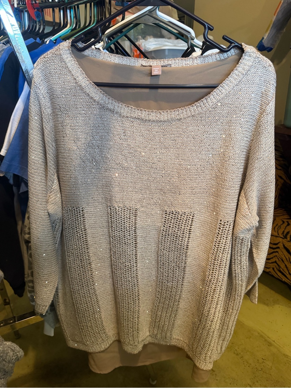 Roz & Ali Metallic Light tan/gold Scoop Neck Sweater